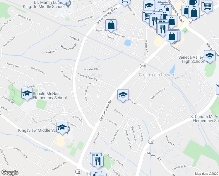 map of restaurants, bars, coffee shops, grocery stores, and more near 19232 Warrior Brook Drive in Germantown