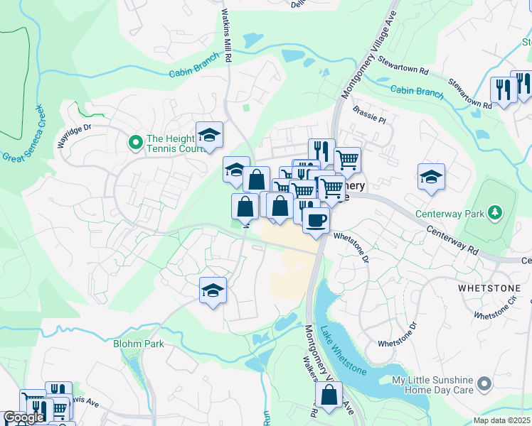 map of restaurants, bars, coffee shops, grocery stores, and more near in Montgomery Village