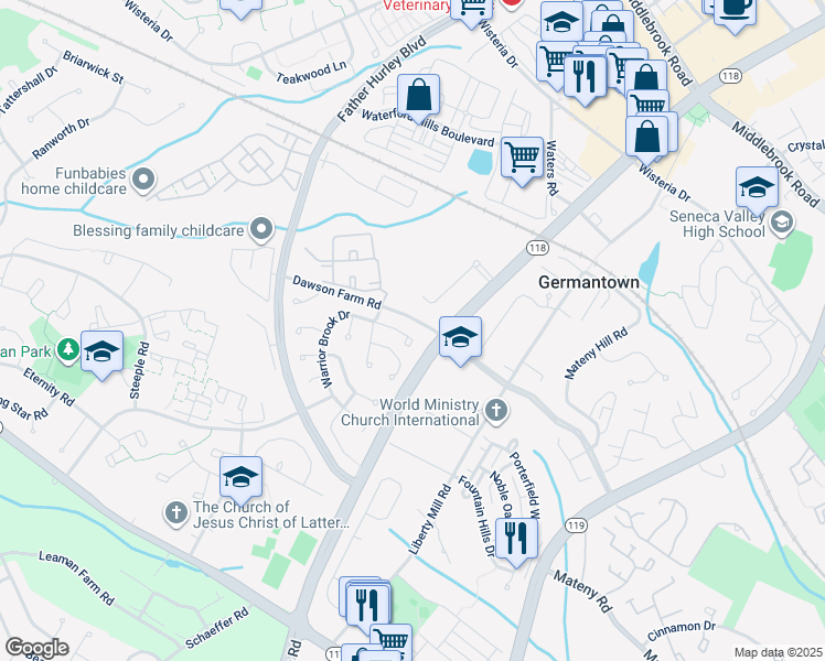 map of restaurants, bars, coffee shops, grocery stores, and more near 19232 Warrior Brook Drive in Germantown