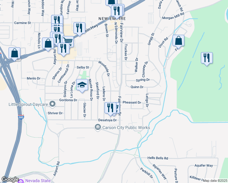 map of restaurants, bars, coffee shops, grocery stores, and more near 1237 Woodside Drive in Carson City