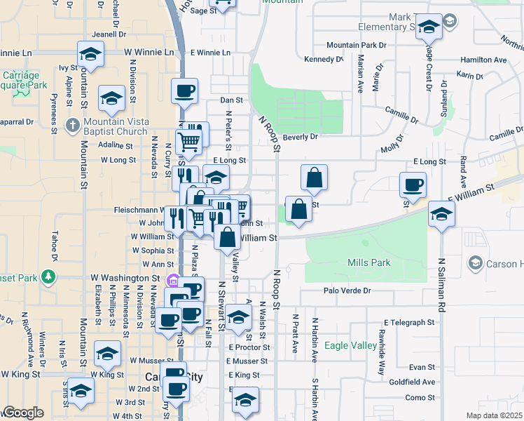 map of restaurants, bars, coffee shops, grocery stores, and more near 636 East John Street in Carson City