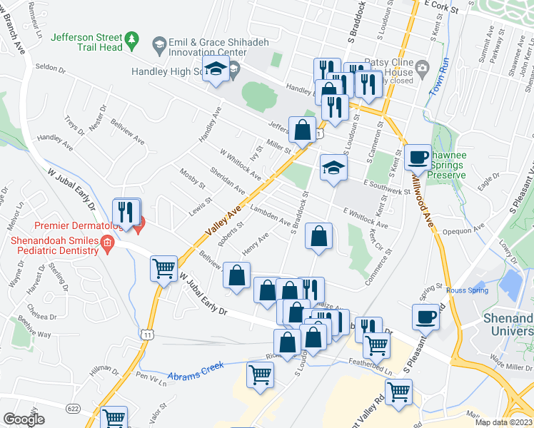 map of restaurants, bars, coffee shops, grocery stores, and more near 140 Lambden Avenue in Winchester