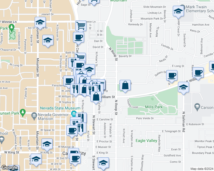 map of restaurants, bars, coffee shops, grocery stores, and more near 415 Corbett Street in Carson City