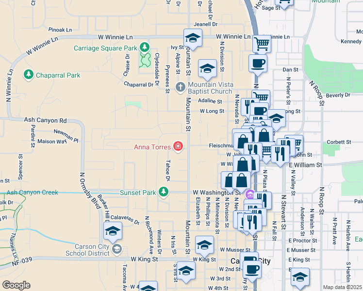 map of restaurants, bars, coffee shops, grocery stores, and more near 1200 Mountain Street in Carson City