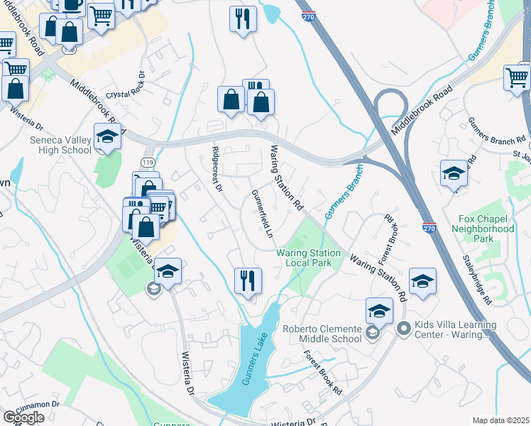 map of restaurants, bars, coffee shops, grocery stores, and more near 19229 Gunnerfield Lane in Germantown
