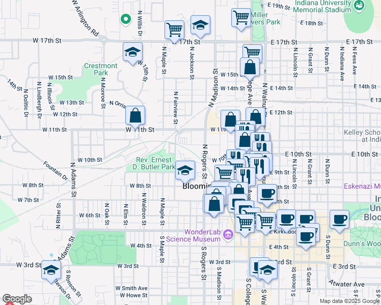 map of restaurants, bars, coffee shops, grocery stores, and more near 611 West 11th Street in Bloomington