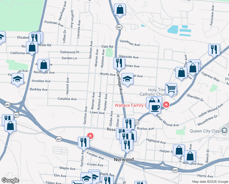map of restaurants, bars, coffee shops, grocery stores, and more near 5319 Globe Avenue in Cincinnati