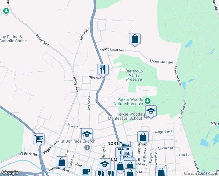 map of restaurants, bars, coffee shops, grocery stores, and more near 4582 Hamilton Avenue in Cincinnati