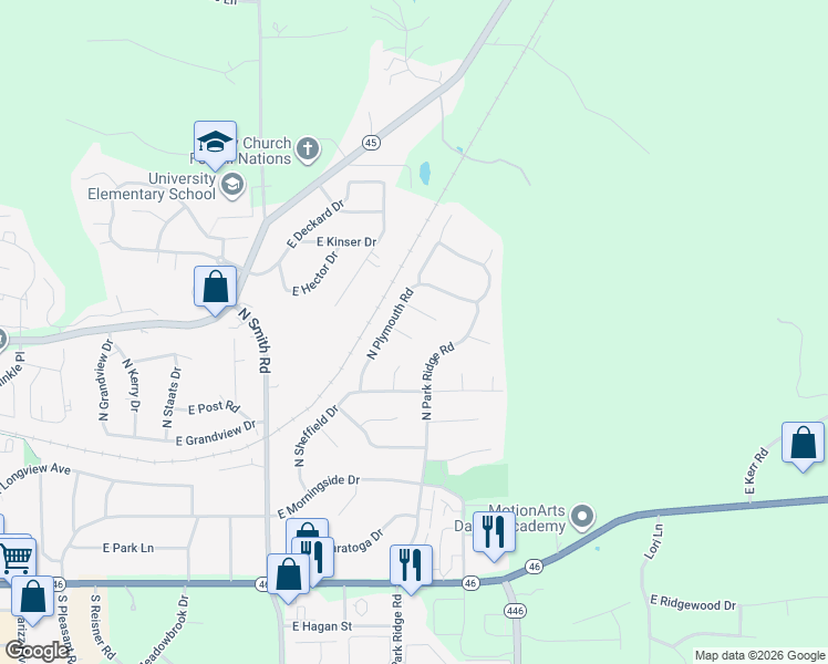 map of restaurants, bars, coffee shops, grocery stores, and more near 4317 East Beacon Court in Bloomington