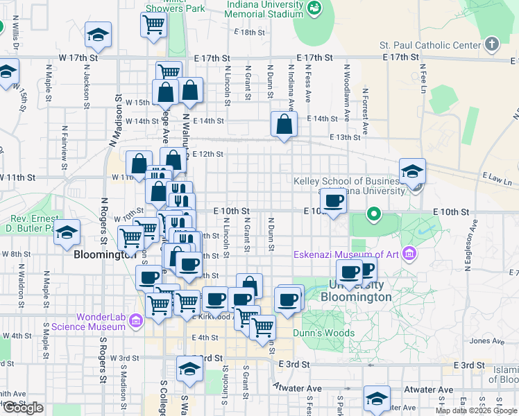map of restaurants, bars, coffee shops, grocery stores, and more near 414 East Cottage Grove Avenue in Bloomington