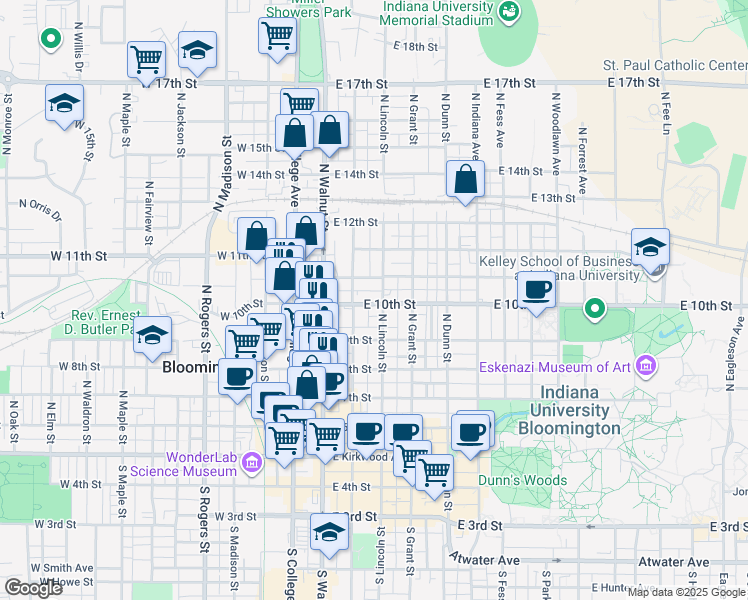 map of restaurants, bars, coffee shops, grocery stores, and more near 212 East Cottage Grove Avenue in Bloomington