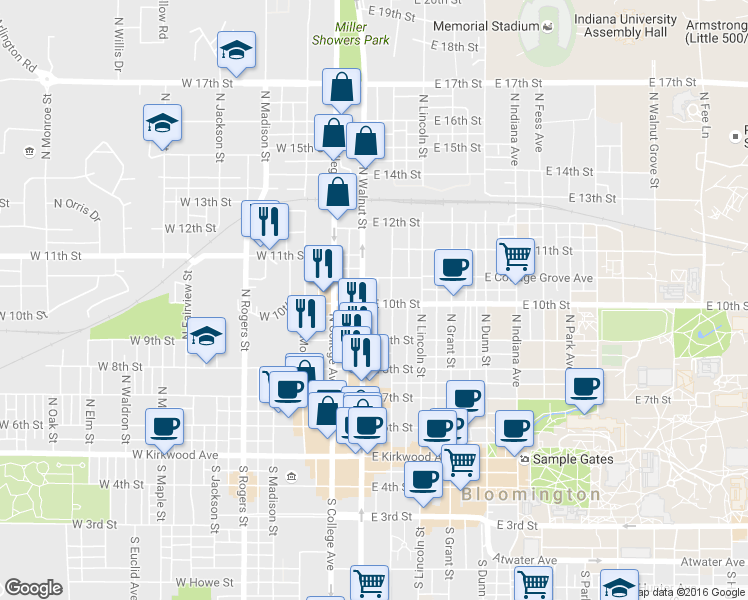 map of restaurants, bars, coffee shops, grocery stores, and more near 620 North Walnut Street in Bloomington