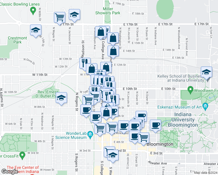 map of restaurants, bars, coffee shops, grocery stores, and more near 620 North Walnut Street in Bloomington