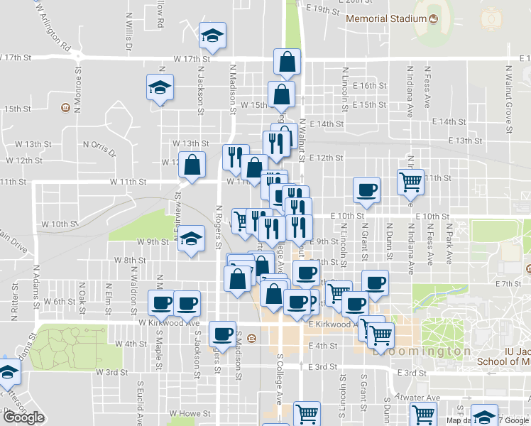 map of restaurants, bars, coffee shops, grocery stores, and more near 627 North Morton Street in Bloomington