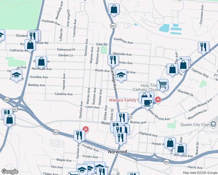 map of restaurants, bars, coffee shops, grocery stores, and more near 5319 Globe Avenue in Cincinnati
