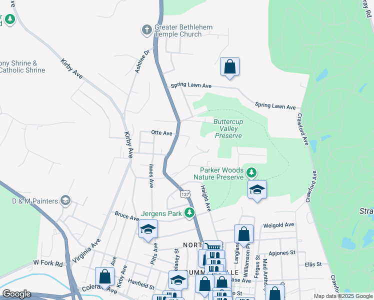 map of restaurants, bars, coffee shops, grocery stores, and more near 1650 Glen Parker Avenue in Cincinnati
