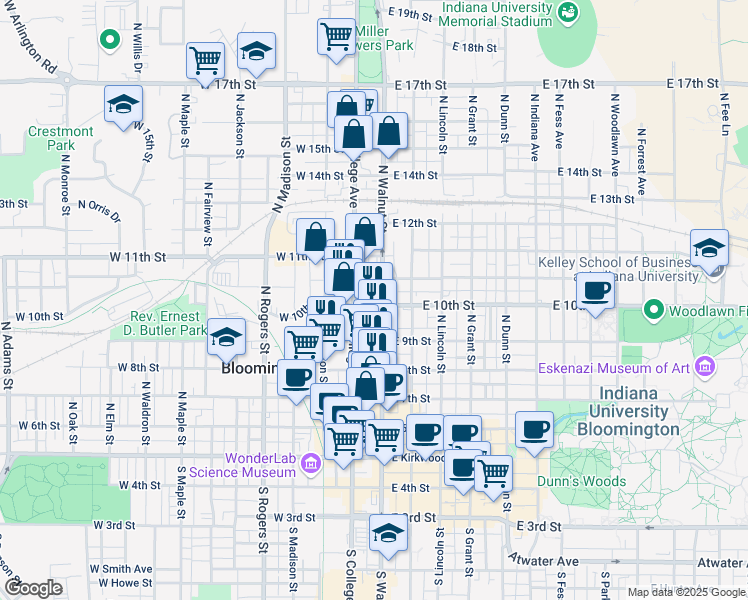 map of restaurants, bars, coffee shops, grocery stores, and more near 620 North Walnut Street in Bloomington