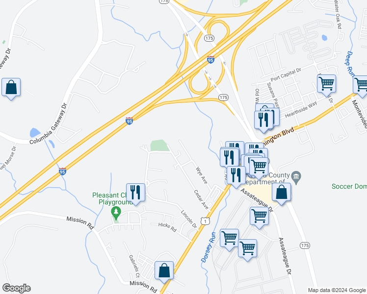 map of restaurants, bars, coffee shops, grocery stores, and more near 7257 Wye Avenue in Jessup
