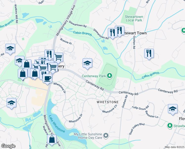 map of restaurants, bars, coffee shops, grocery stores, and more near 19201 Thomas Farm Road in Gaithersburg