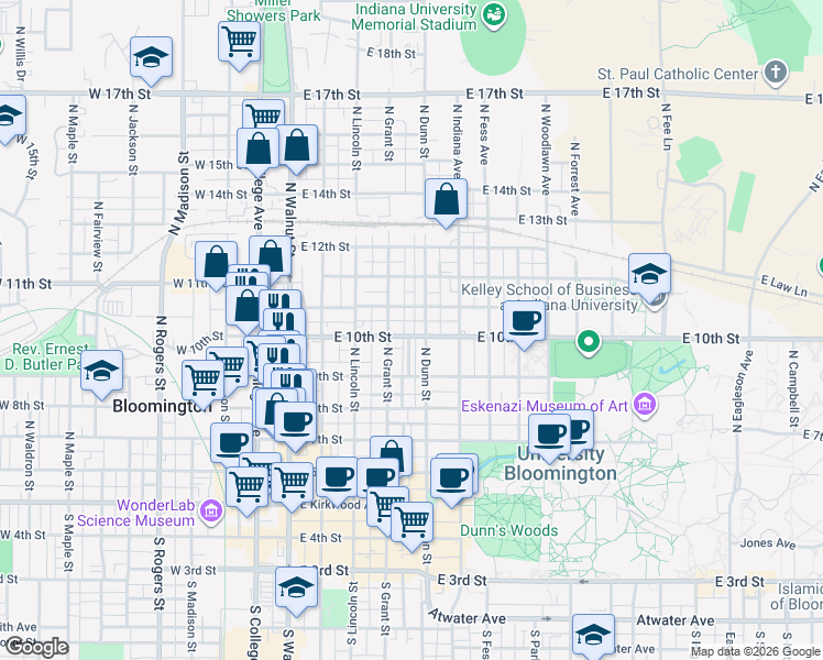 map of restaurants, bars, coffee shops, grocery stores, and more near 414 East Cottage Grove Avenue in Bloomington