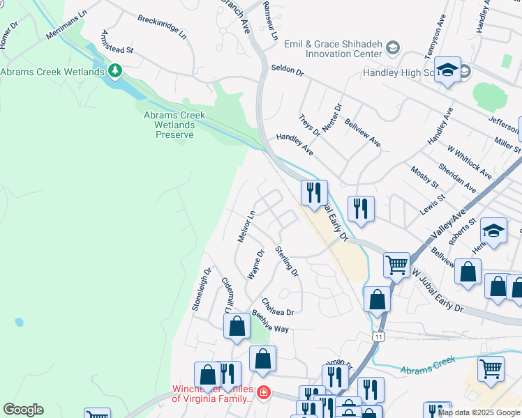 map of restaurants, bars, coffee shops, grocery stores, and more near 1839 Kershaw Lane in Winchester