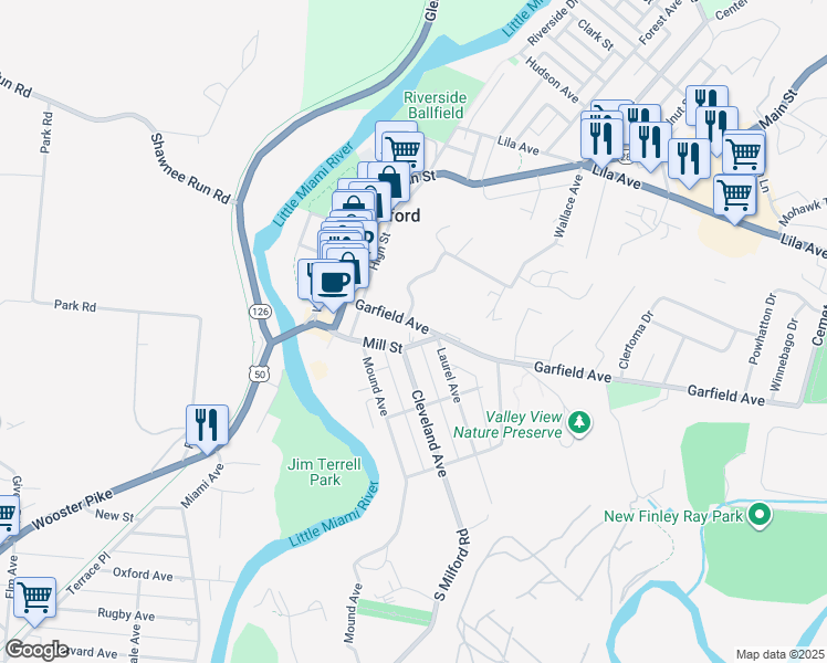 map of restaurants, bars, coffee shops, grocery stores, and more near 510 Garfield Avenue in Milford