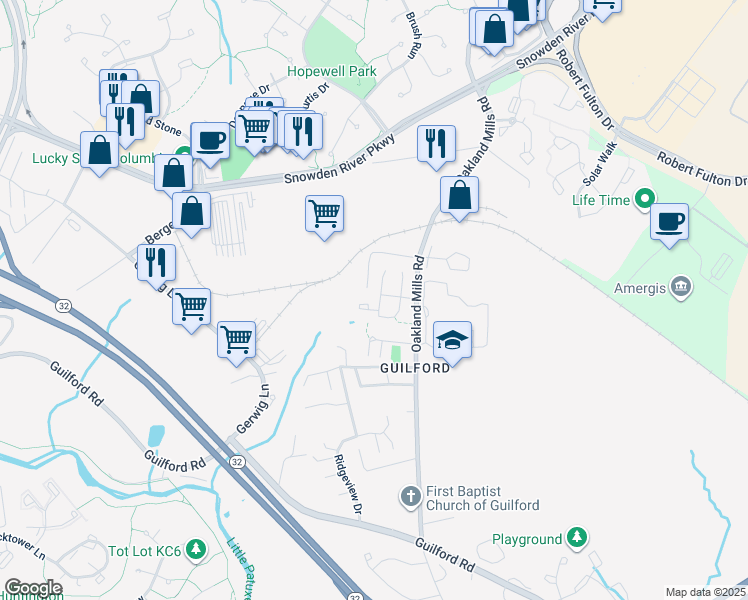 map of restaurants, bars, coffee shops, grocery stores, and more near 9348 Pirates Cove in Columbia