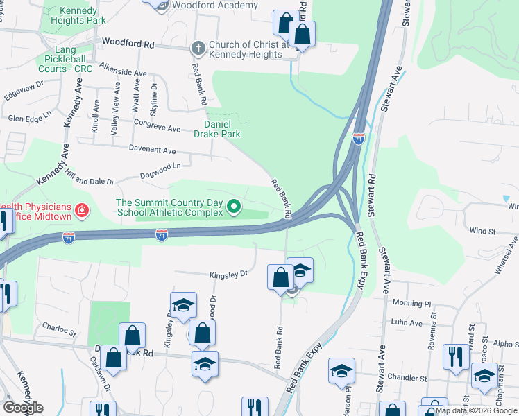map of restaurants, bars, coffee shops, grocery stores, and more near 5519 Ehrling Road in Cincinnati