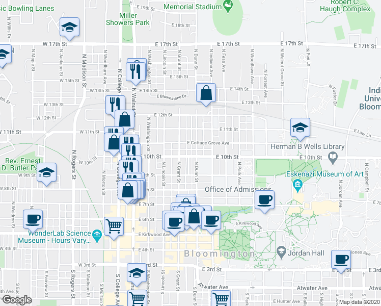 map of restaurants, bars, coffee shops, grocery stores, and more near 414 East Cottage Grove Avenue in Bloomington