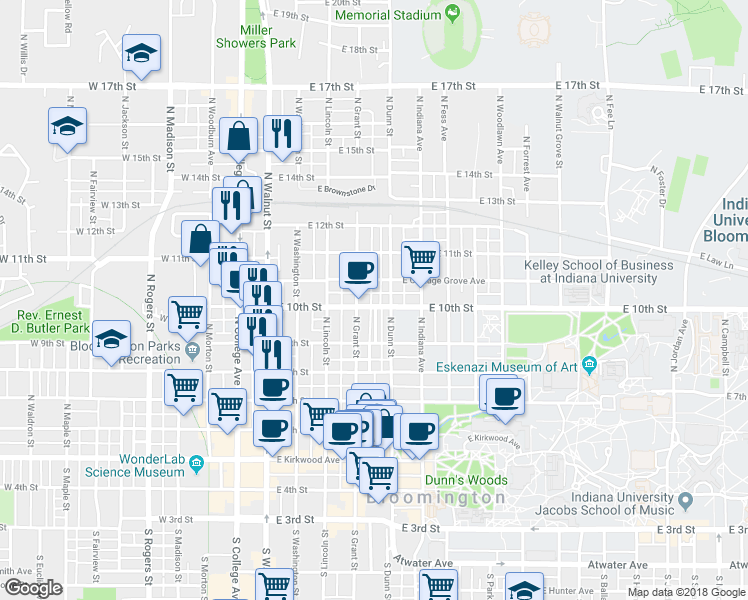 map of restaurants, bars, coffee shops, grocery stores, and more near 414 East Cottage Grove Avenue in Bloomington