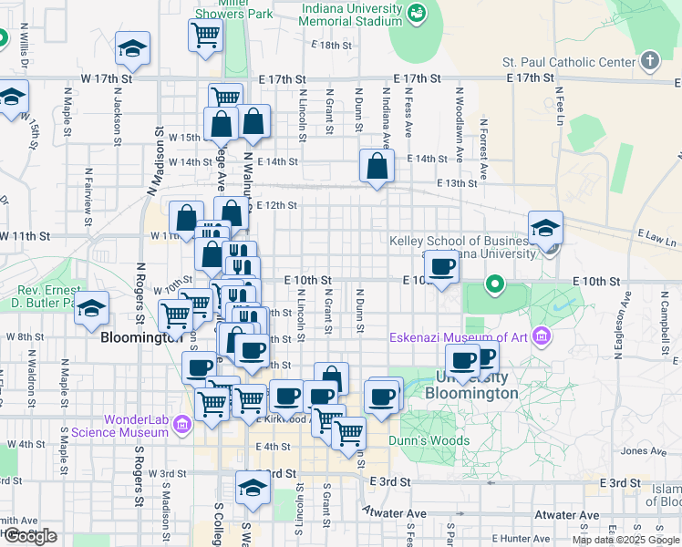 map of restaurants, bars, coffee shops, grocery stores, and more near 414 East Cottage Grove Avenue in Bloomington