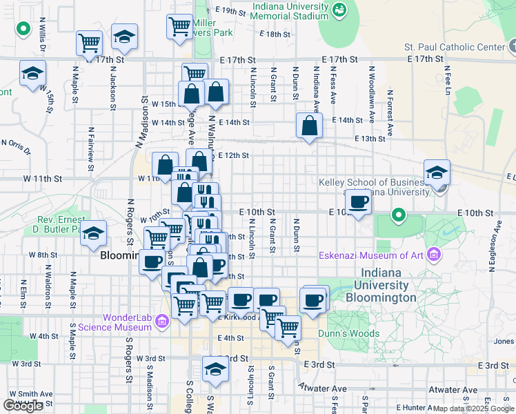 map of restaurants, bars, coffee shops, grocery stores, and more near 310 East Cottage Grove Avenue in Bloomington