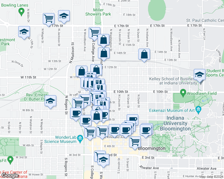 map of restaurants, bars, coffee shops, grocery stores, and more near 212 East Cottage Grove Avenue in Bloomington