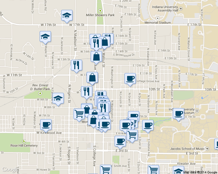 map of restaurants, bars, coffee shops, grocery stores, and more near 620 North Walnut Street in Bloomington