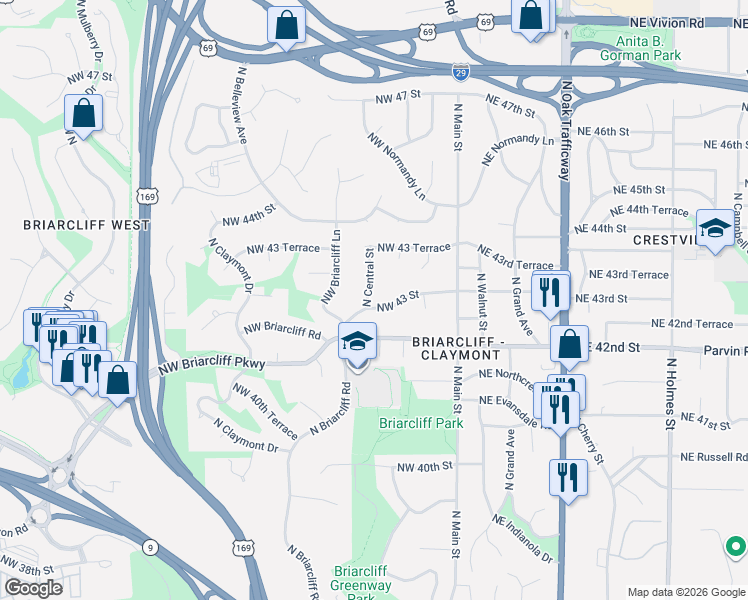 map of restaurants, bars, coffee shops, grocery stores, and more near 4312 North Central Street in Kansas City