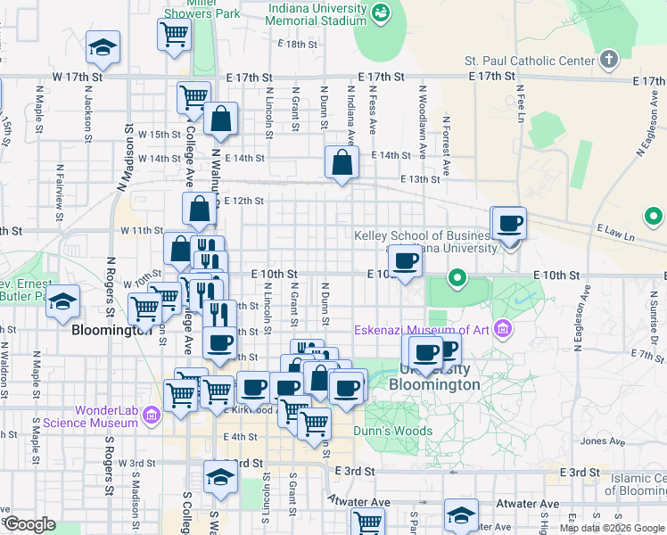 map of restaurants, bars, coffee shops, grocery stores, and more near 509 East 10th Street in Bloomington