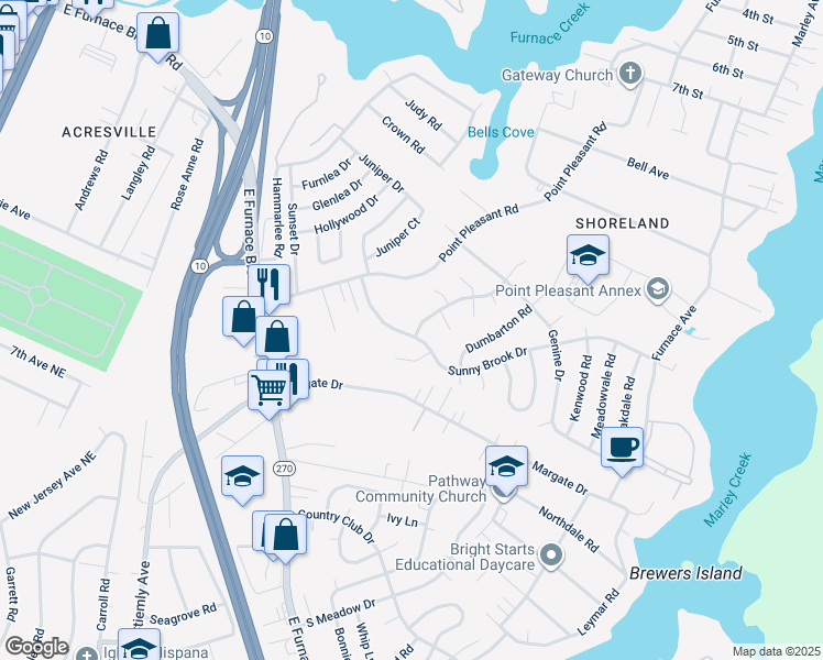 map of restaurants, bars, coffee shops, grocery stores, and more near 900 Princeton Terrace in Glen Burnie