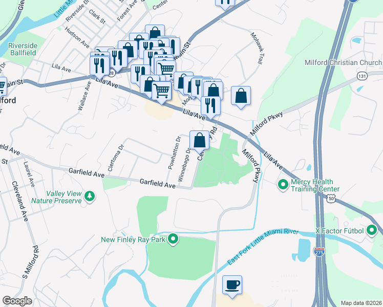 map of restaurants, bars, coffee shops, grocery stores, and more near 37 Winnebago Drive in Milford