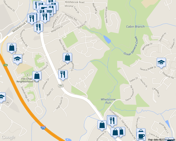 map of restaurants, bars, coffee shops, grocery stores, and more near 19248 Wheatfield Terrace in Gaithersburg