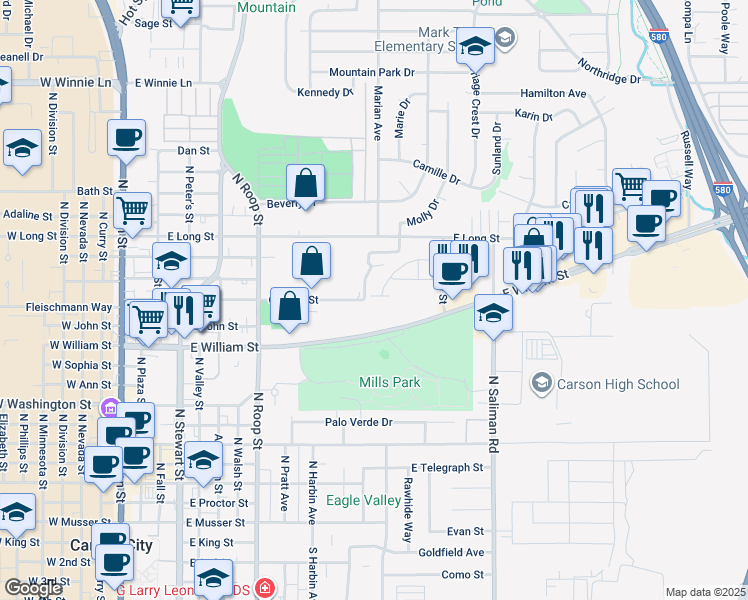 map of restaurants, bars, coffee shops, grocery stores, and more near 1361 Molly Drive in Carson City