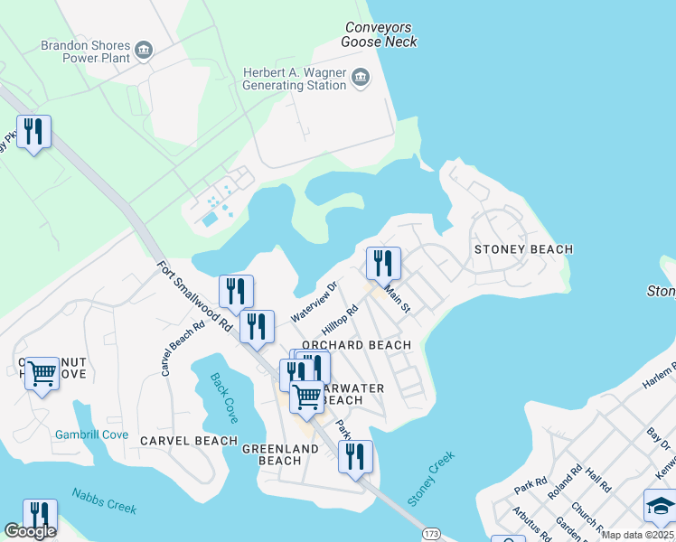 map of restaurants, bars, coffee shops, grocery stores, and more near 904 Waterview Drive in Orchard Beach