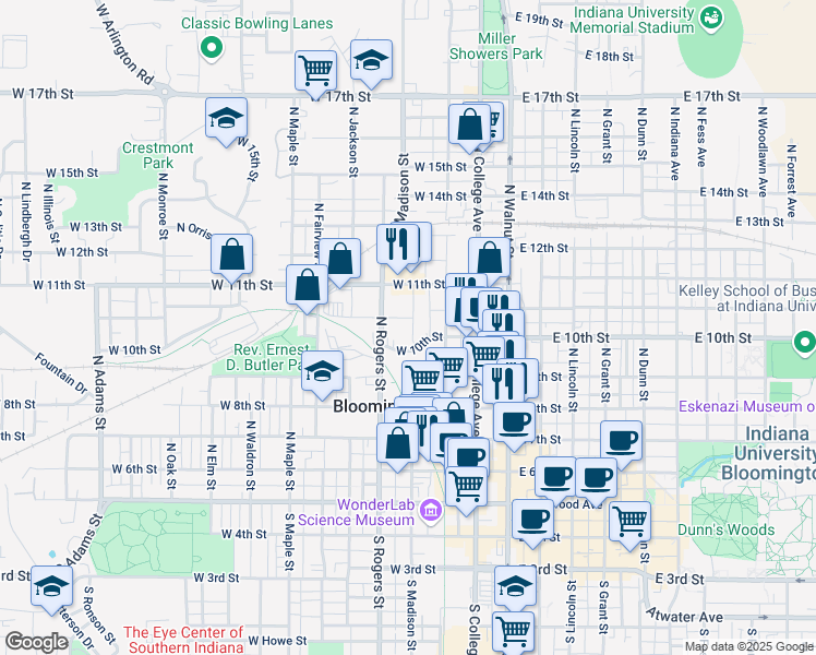 map of restaurants, bars, coffee shops, grocery stores, and more near 640 N Rogers St in Bloomington