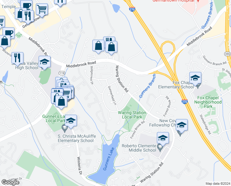 map of restaurants, bars, coffee shops, grocery stores, and more near 19308 Mossbrook Court in Germantown