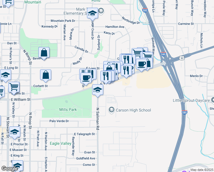 map of restaurants, bars, coffee shops, grocery stores, and more near 1621 Us Highway 50 East in Carson City