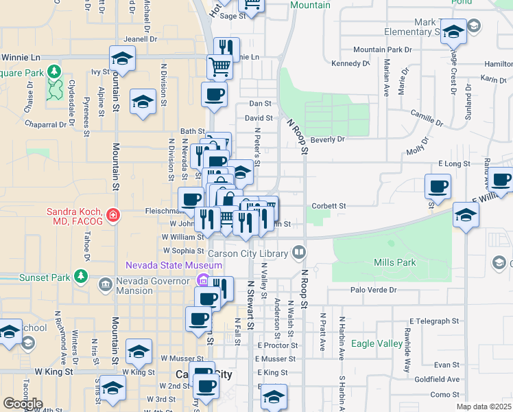 map of restaurants, bars, coffee shops, grocery stores, and more near 300 Corbett Street in Carson City