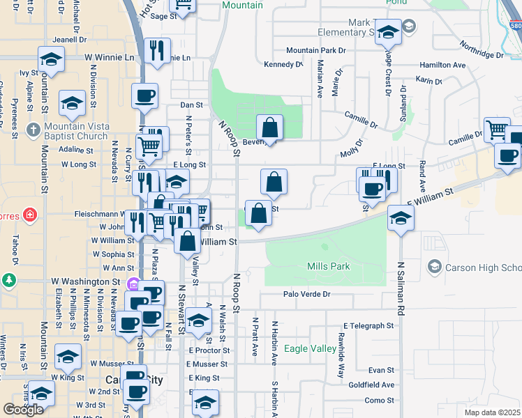 map of restaurants, bars, coffee shops, grocery stores, and more near 888 Corbett Street in Carson City