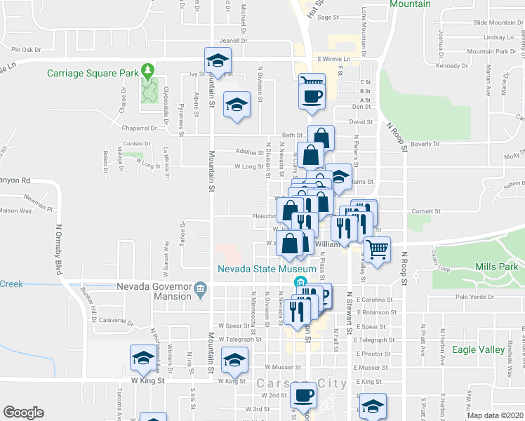 map of restaurants, bars, coffee shops, grocery stores, and more near 410 Fleischmann Way in Carson City