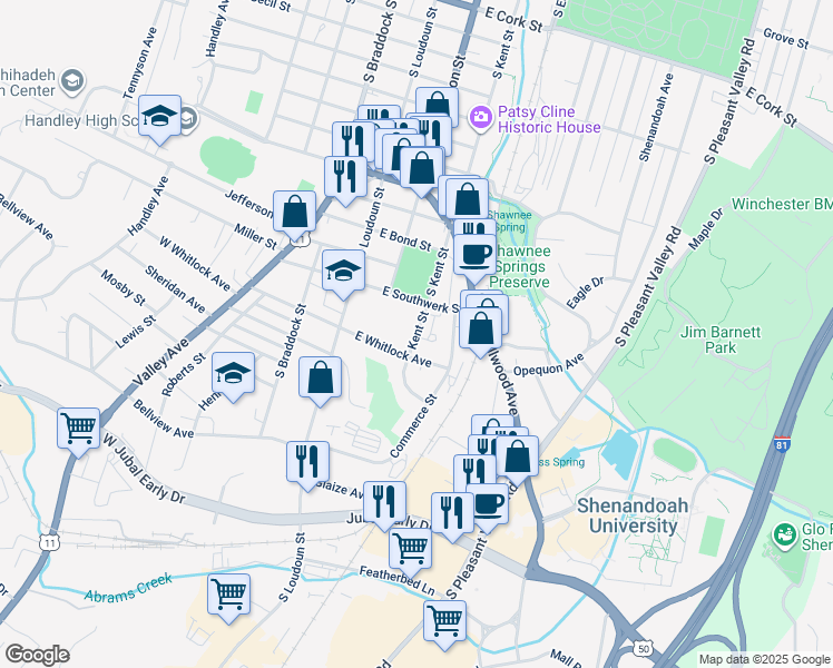 map of restaurants, bars, coffee shops, grocery stores, and more near Kent Street in Winchester