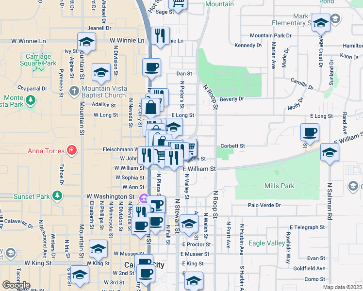 map of restaurants, bars, coffee shops, grocery stores, and more near 300 Corbett Street in Carson City