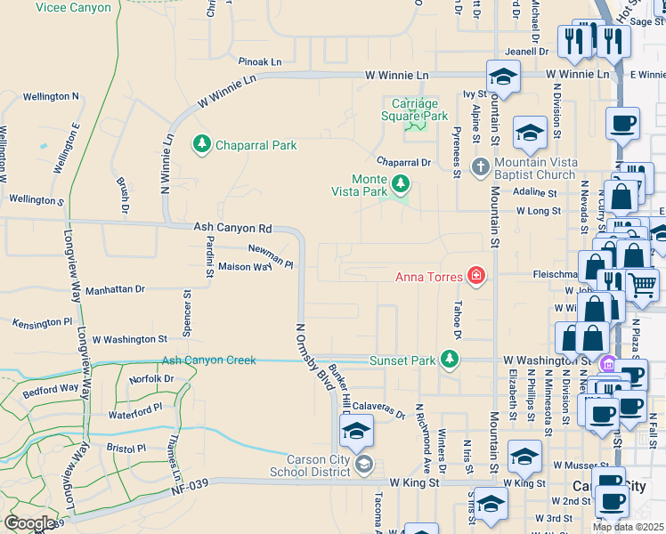 map of restaurants, bars, coffee shops, grocery stores, and more near 1710 Newman Place in Carson City